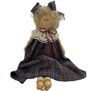 Vintage‎ Wooden Peg Doll Folk Art Plaid Dress Decorative Handmade Figure